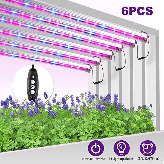 Led Grow Light Strip for Indoor Plants, Full Spectrum Auto On & Off Grow Lamp with Timer/Extension Cables Plant Lights Bar 4 Dimmable Levels for Indoor Plants Tent Seedling Hydroponics - 6 Pack