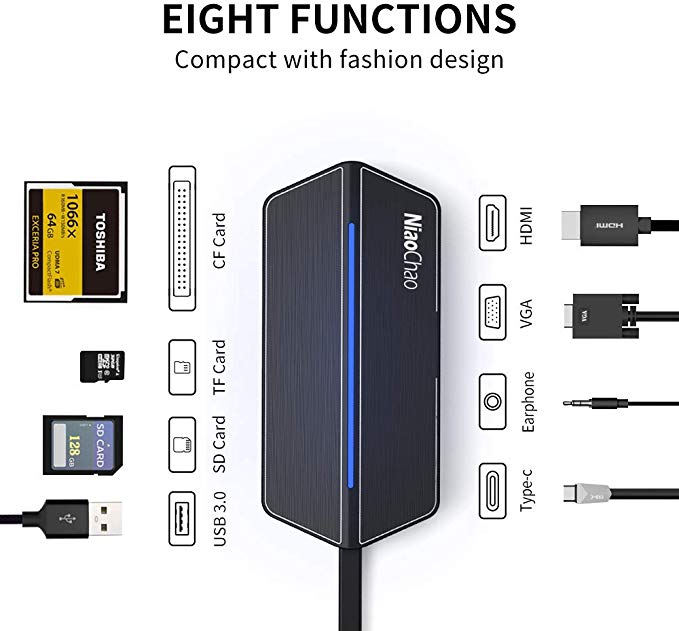 USB C Hub Adapter, NIAOCHAO Type C Docking Station Hub 8 in 1 to  HDMI, VGA,USB 3.0 Ports, SD/TF/CF Card Reader,3.5mm Audio, USB-C Power Delivery.
