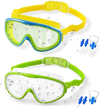 Anni Coco Kids Swimming Goggles for Age 4-15, Anti Fog No Leak UV Protection Wide View Swim Goggles With Nose Cover (2 Pack)