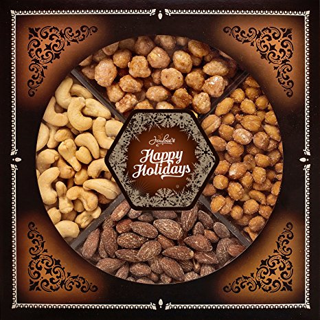 Jaybee's Happy Holiday Nuts Gift Tray - Perfect for Holiday, Birthday, Corporate - Contains Extra Large Cashews, Smoked Almonds, Toffee & Honey Roasted Peanuts, Vegetarian Friendly and Kosher