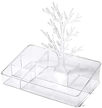 Cq acrylic Makeup Desktop Organizer With Jewelry Holder Tree and 6 Compartment Lipstick Organizers and Makeup Brush Holder,Clear Pack of 1