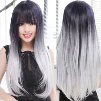 Superwigy® New Arrival Lolita Ombre Gradient Black Gray Wig Women Long Straight Ombre Hair Anime Full Wigs