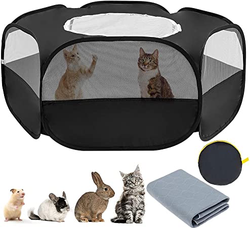 EXPAWLORER Small Pet Playpen & Pee Pad - Portable and Foldable Kitten Cage with Round Washable Pee Pad, Exercise Pen Tent House Playground for Cat, Guinea Pig, Rabbit, Bunny, Chinchilla, Hedgehog.