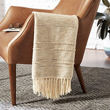 Rivet Modern Throw Blanket with Fringe - 50 x 60 Inch, Ivory