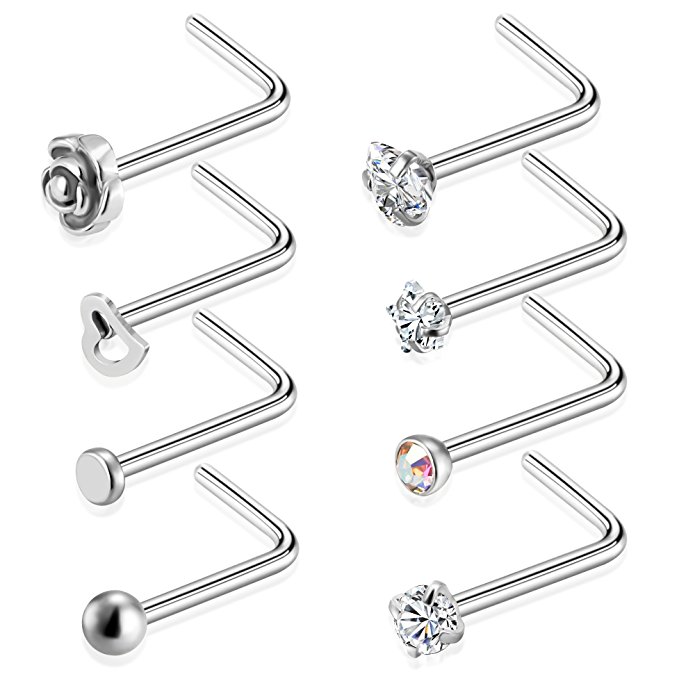 Tornito 20G 8Pcs Stainless Steel L Shaped Nose Ring CZ Nose Stud Retainer Labret Nose Piercing Jewelry