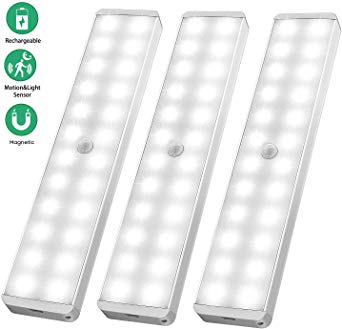 Wireless Under Cabinet Lighting, LED Motion Sensor Closet Light 24 LED Rechargeable Cupboard Light Stick-Anywhere Large Battery Night Light for Bar, Kitchen, Wardrobe, Stairs, Hallway (3 Pack)
