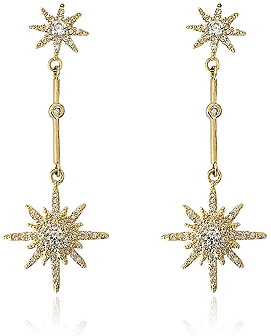 Orris Diamond Cubic Zirconia Mounted Gold Star Style Dangle Drop Earrings for Women Girls