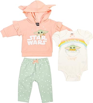 STAR WARS The Mandalorian The Child Baby Girls 3 Piece Outfit Set: Pullover Hoodie Cuddly Bodysuit Pants