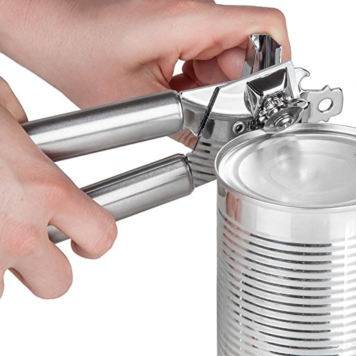 Left Handed Can Opener, Stainless Steel and Chrome. Light Silver Left Handed Manual Can Opener with 3-in-1 Can Opener/Jar Opener/Bottle Opener Features. Ergonomic Handle and Hanging Loops.