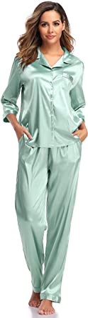 SHEKINI Women's Satin Silk Lace Kimono Robes Pajamas Set Bridesmaids Nightgown Sleepwear