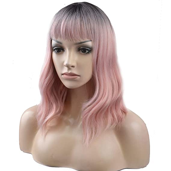 BERON 14'' Short Curly Women Girl's Charming Synthetic Wig with Air Bangs Wig Cap Included (Dark Root Pink Ombre)