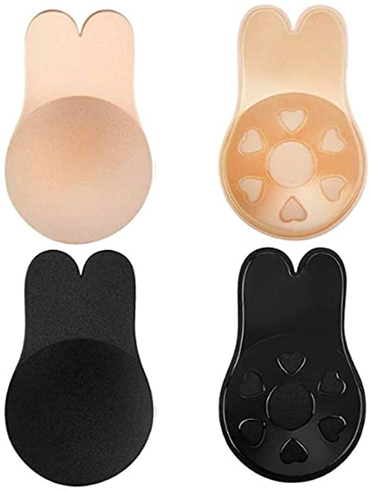 Invisible Sticky Bra Rabbit Adhesive Lift Ear Backless for Women Black and Beige (2 Pairs)