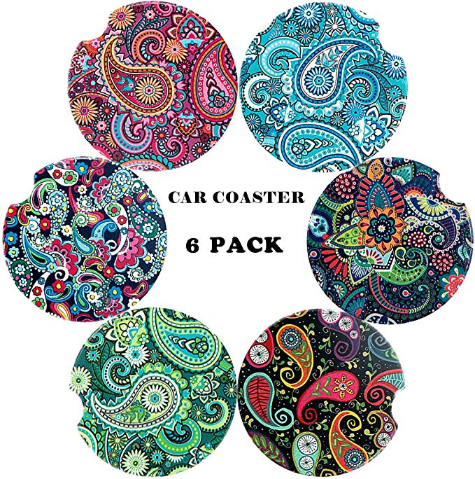 Car Coasters Pack of 6 -Ceramic Coasters, Mandala Styles Round Coaster Sets with Absorbent Stone-Auto Cup Holder Coasters For Women Men Drinks Car Accessories, Small 2.56" Diameter