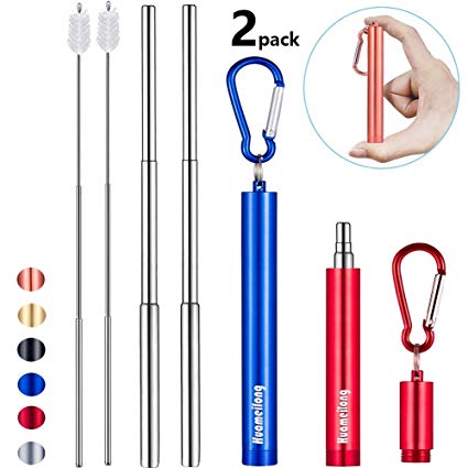 [Updated] 2 Pack Collapsible Reusable Straws - Telescopic Portable Stainless Steel Metal Travel Straw Drinking with Case, Cleaning Brush and Keychain, by Huameilong (Blue/Red)