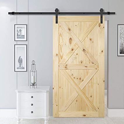 BELLEZE 42" x 84" inches Modern Sliding Barn Door Natural Wood Pine Unfinished, Double X