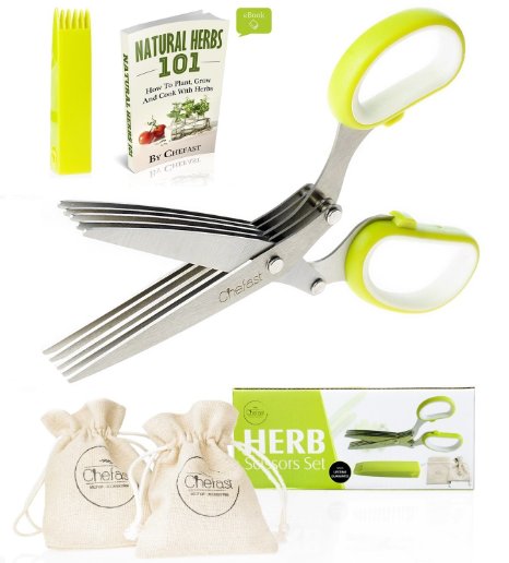 Chefast Herb Scissors Set - Premium Kitchen Shears with 5 Stainless Steel Blades - Multipurpose Herb Bags, Safety Cover with Cleaning Comb, Herbs eBook, and Stylish Box Included