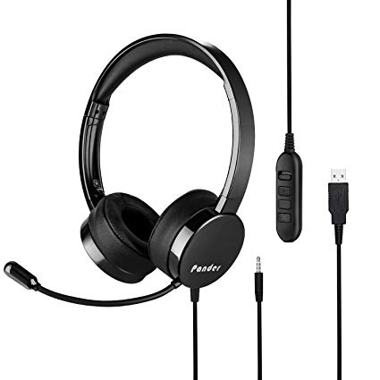 Pander USB Headset with Microphone, Noise Cancelling 3.5mm Computer PC Headset, Lightweight Wired Business Headphones with Volume Control for Skype, Webinar, Phone, Call Center - Black