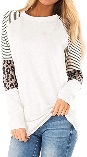 StarVnc Womens Casual T-Shirts Long Sleeve Leopard Color Block Patchwork Tunic Striped T Shirt Boutique Tops