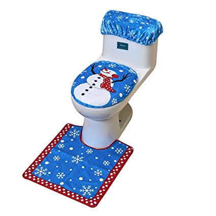 Cotill Christmas Decorations Snowman Santa Toilet Seat Cover and Rug Set for Bathroom - Blue