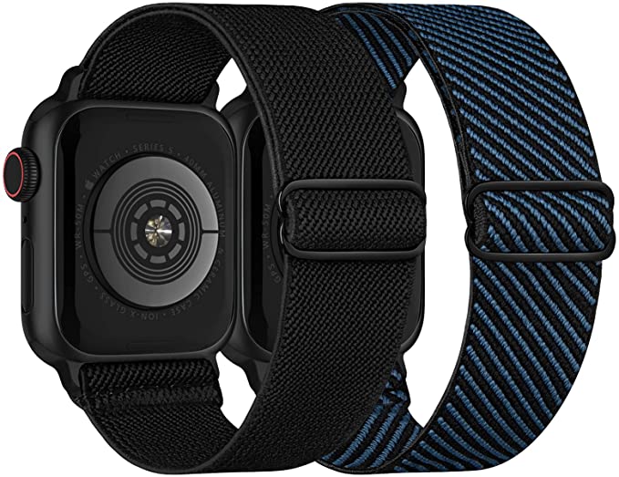 Stretchy Nylon Solo Loop Bands Compatible with Apple Watch 38mm 40mm 42mm 44mm, Adjustable Braided Sport Elastic Straps Women Men Wristbands for iWatch Series 6/5/4/3/2/1 SE, 2 Packs
