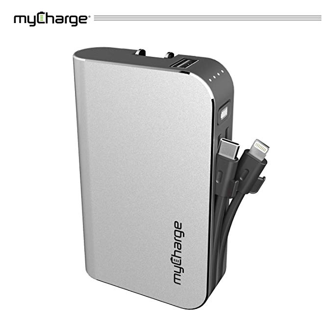myCharge Portable Charger Power Bank - HubPlus Universal 6700 mAh External Battery Pack | Wall Charger Foldable Plug | Built in Cables (iPhone Charger Lightning Cable and Android Samsung USB C)