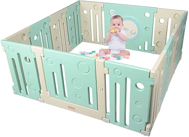LIVINGbasics Portable Baby Playpen 14 Panel Kids Activity Centre Safety Infant Play Yard for Home Indoor Outdoor, Green