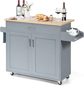 COSTWAY Kitchen Island Cart, Rolling Storage Trolley Cart with Lockable Rubber Wheels, Large Cabinet, Drawer, Spice Rack and Towel Rack, Kitchen Serving Utility, 3-Position Adjustable Shelf (Grey)