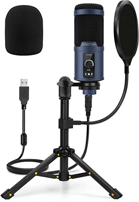 USB Microphone for Computer, OMOTON Podcast Microphone Condenser Gaming Mic with Adjustable Tripod & Pop Filter for Streaming, Chatting, Recording, Compatible with All Computers, Navy Blue