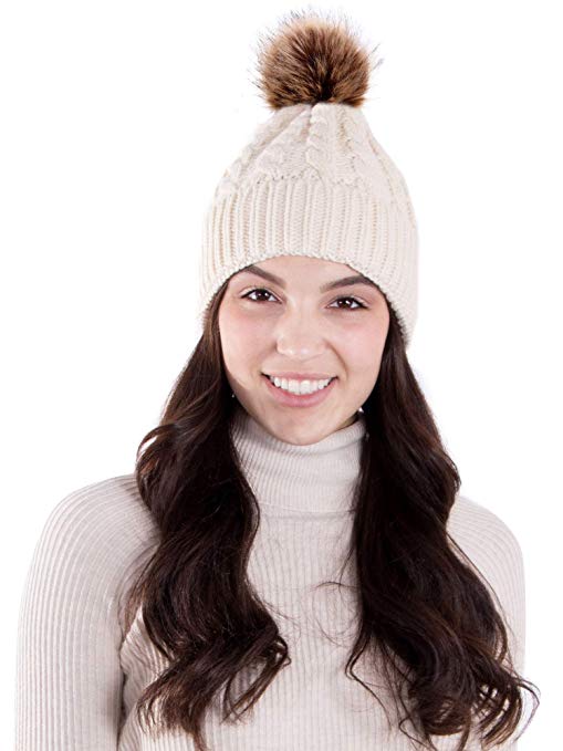 Lullaby Womens Knit Slouchy Winter Warm Faux Fur Pom Pom Beanie Hat