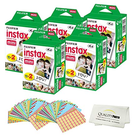 Fujifilm INSTAX Mini Instant Film 2 Pack - 100 Sheets - (White) for Fujifilm Instax Mini 8 & Mini 9 Cameras   Frame Stickers and Microfiber Cloth Accessories …