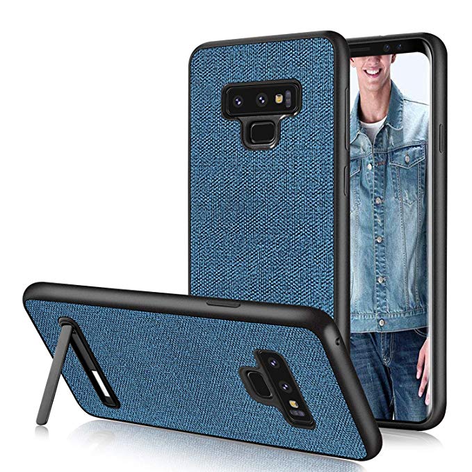 Samsung Note 9 Case,Galaxy Note 9 Case,DUEDUE Shockproof Slim Hybrid Hard PC Cover Kickstand Linen Cloth Fabric Design Canvas Stripe Leather Protective Case Samsung Galaxy Note 9,Blue