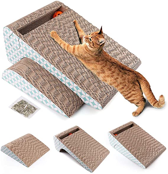 PrimePets Cat Scratcher Cardboard and Lounger Recycle Corrugated Scratching Pads Lounge Sofa 2-in-1 Removable Cardboard Scratching Cube Insert with Catnip and Bell Toys