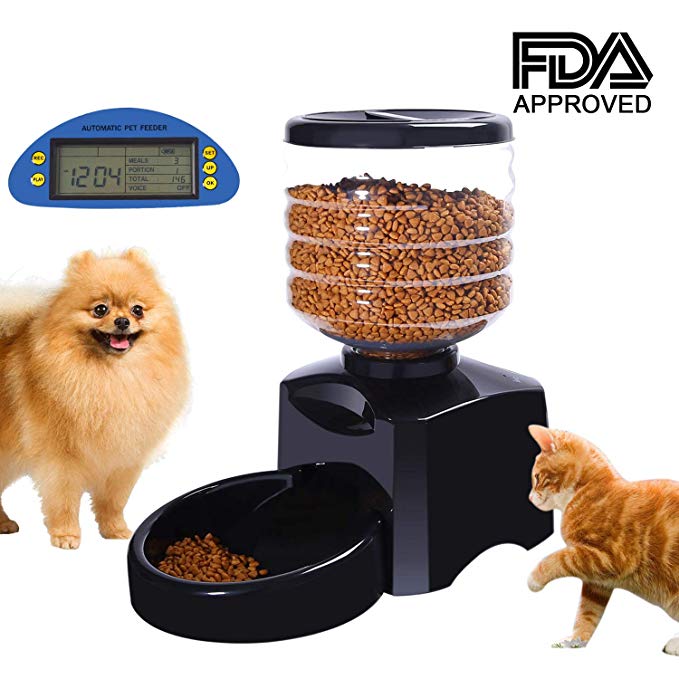 Happy & Polly Automatic Pet Feeder with Digital LCD Display Timer and Voice Record 5.5L Pet Feeder Dispenser Dry Food Capacity For Dogs and Cats Black