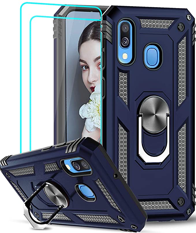 LeYi for Samsung Galaxy A40 Case with Ring Holder, Full Body Protective Silicone TPU Personalised Shockproof Tough Armour Phone Cover and 2 Tempered Glass screen protector for Samsung A40 Dark Blue