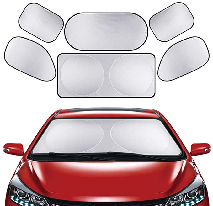 Nuluxi Windscreen Sun Shade Set Silver Reflective Windscreen Protector Car Sun Shade Full Set of 6 Protects Your Family Baby Kids and Pets from the Sun and Protects Your Car Damage Free (6-Pieces Set)