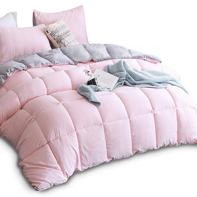 KASENTEX All Season Down Alternative Quilted Comforter Set with Sham(s) -Reversible Ultra Soft Duvet Insert Hypoallergenic Machine Washable, Twin, Pink Potpourri/Quartz Silver