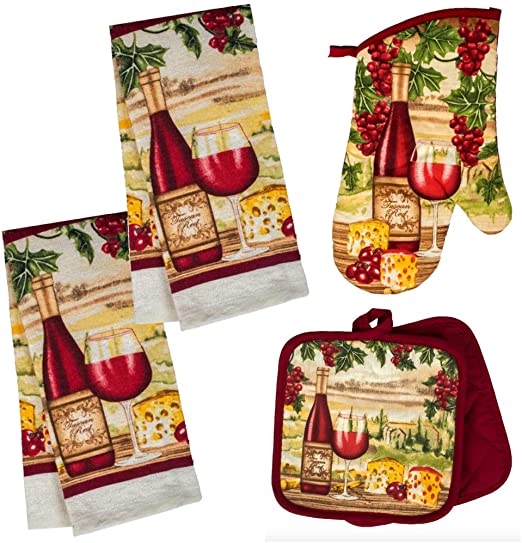 Wine Themed Kitchen Towel Set with 2 Quilted Pot Holders, 2 Dish Towels and 1 Oven Mitt