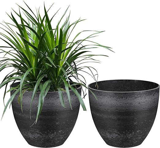 Fetanten 10.5 Inch Plant Pots Indoor, Medium Porch Outdoor Planter with Drainage Holes Plug for Plants Flowers and Tomato Vegetable Planting, 2 Pieces Modern Resin Thicken Pots
