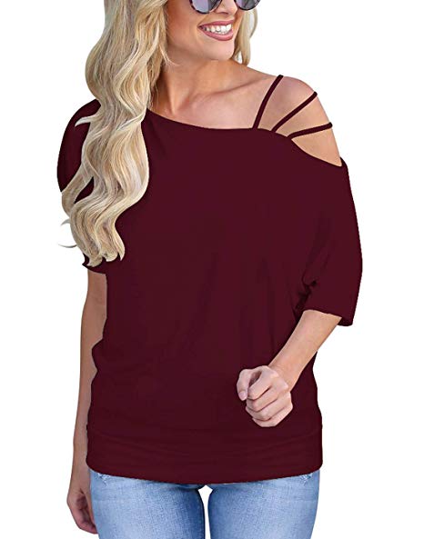 Kaislandy Womens Short Sleeve Casual Cold Shoulder Spaghetti Halter Off Shoulder Tops Strappy T Shirts