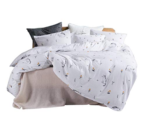 ughome King Flower Cat Duvet Cover Set, Supper Soft and Lightweight Microfiber Washed Cotton Technology, Yellow Floral Hotel White Bedding Sets with 2 Pillowcases and 1 Duvet Cover(King, Cat White)