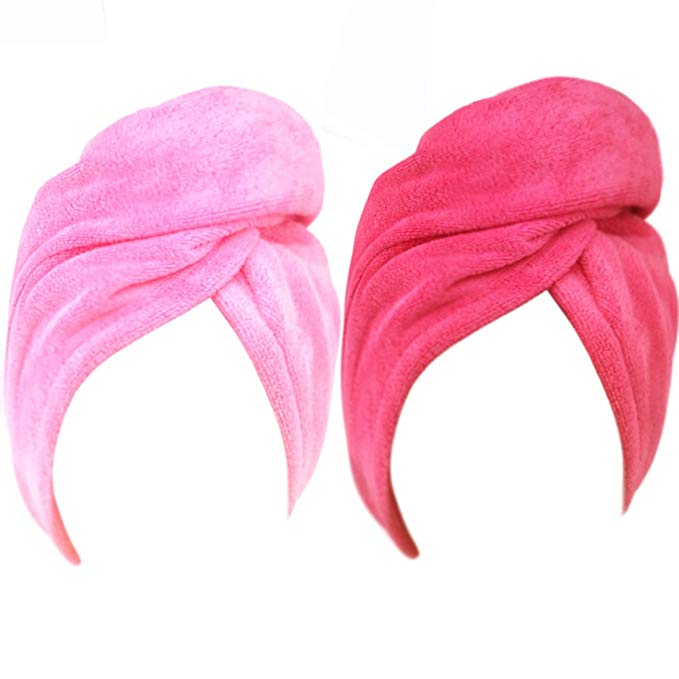 Hairizone Ultra Absorbent Luxury Microfiber Hair Towel Quick Dry Hair Turban Wrap with Button for All Hair Styles, Pink/Roseo, 2 Pack
