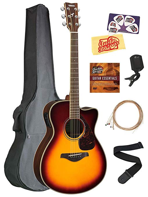 Yamaha FSX830C Small Body Acoustic-Electric Guitar Bundle with Gig Bag, Tuner, Strap, Instructional DVD, Strings, Picks, and Polishing Cloth - Brown Sunburst