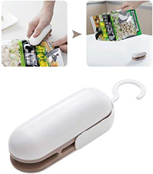 Mini Bag Sealer, 2 in 1 Heat Sealer and Cutter Handheld Portable Bag Resealer Sealer for Plastic Bags Food Storage Snack Fresh Bag Sealer (Battery Not Included) White brown