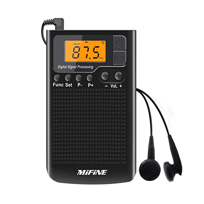 Pocket Portable AM FM Radio Mifine Multifunctional Mini Radio Clear Speaker Music Player Alarm Clock and Timer with Earphone(Black) (black radio.)