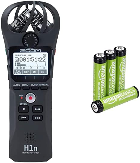 Zoom H1n/UK Handy Recorder & AmazonBasics AAA Rechargeable Batteries, Pre-charged - Pack of 4 (Appearance may vary)