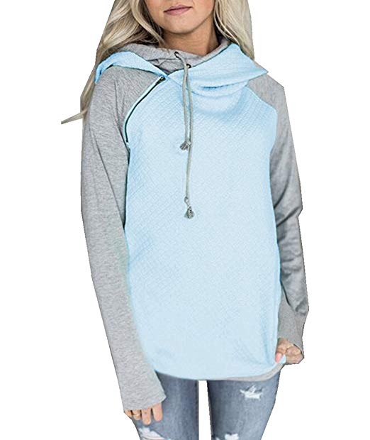 Hoodies for Women Oblique Zipper Sweatshirts Long Sleeve Hooded Tops Spliced Color Casual Pullover