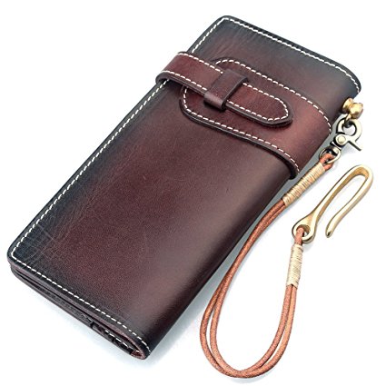 AYOUYA Full Grain Slim Genuine Leather Wallet for Men Vintage Long Bifold Womens Wallet Large Capacity with Strap Phone Holder