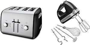 KitchenAid 4-Slice Toaster with Manual High-Lift Lever - KMT4115, Onyx Black & 9-Speed Digital Hand Mixer with Turbo Beater II Accessories and Pro Whisk - Onyx Black