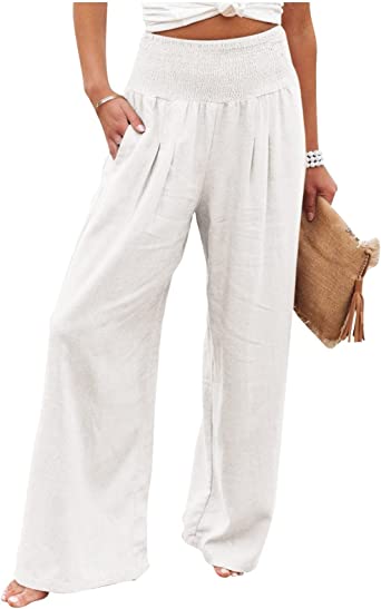 ZEFOTIM Linen Pants for Women High Waisted Wide Leg Loose Fit Palazzo Pants Casual Beach Trendy Trouses with Pockets
