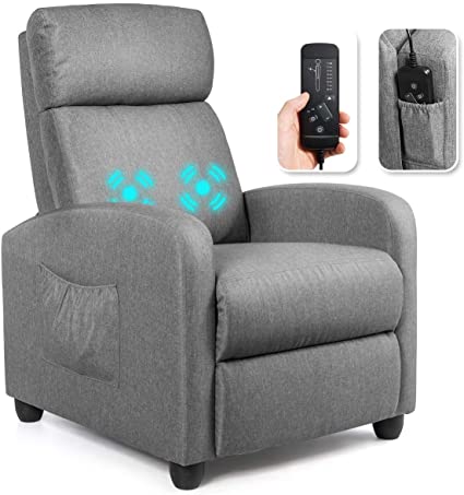 Giantex Recliner Chair for Living Room, Recliner Sofa Wingback Chair w/Massage Function, Padded Seat PU Leather Reclining Chair w/Side Pocket, Home Theater Seating Massage Recliner Easy Lounge (Grey)